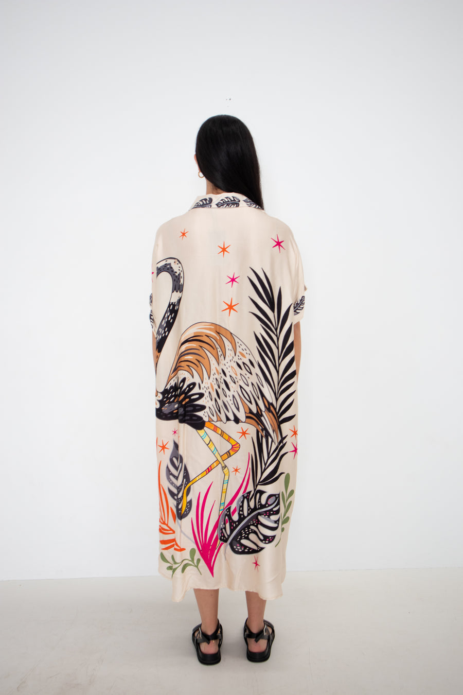 Cream Flamingo Printed Belgium Silk Tunic Shirt Dress